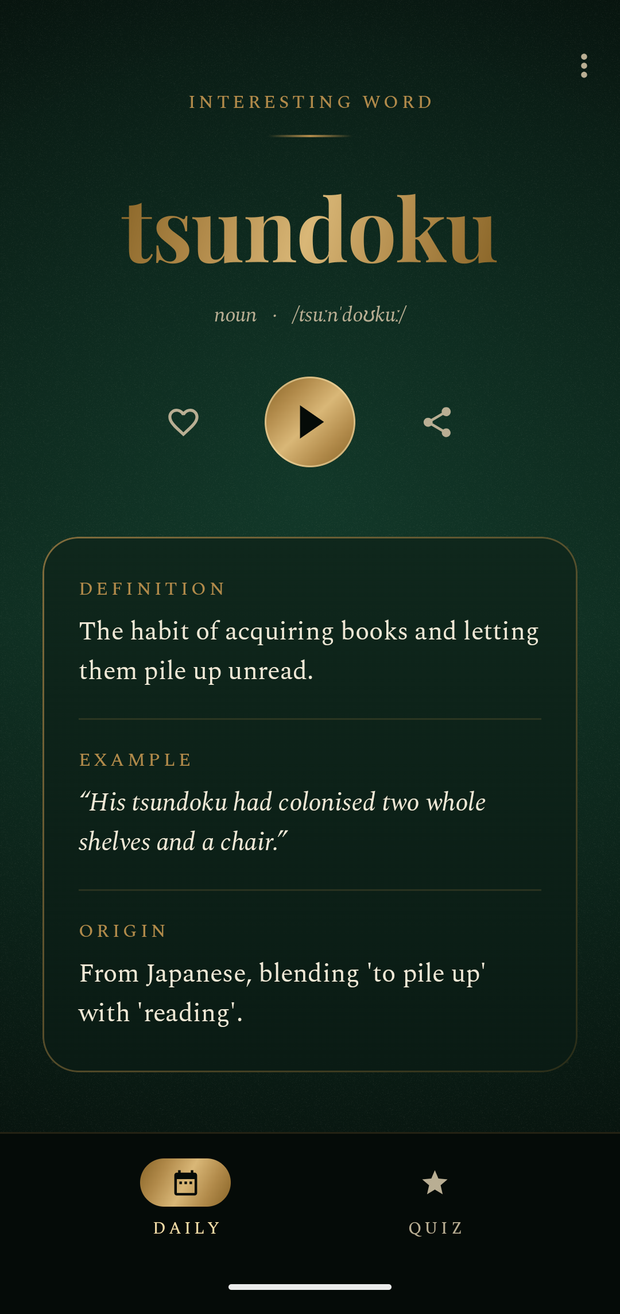 The Lexir app showing the word “tsundoku”, with its definition, example, and origin